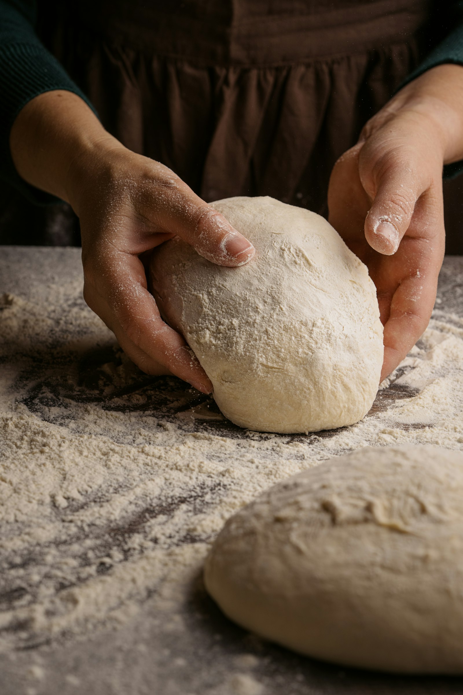 A student shaping a round of sourdough at a floured bench