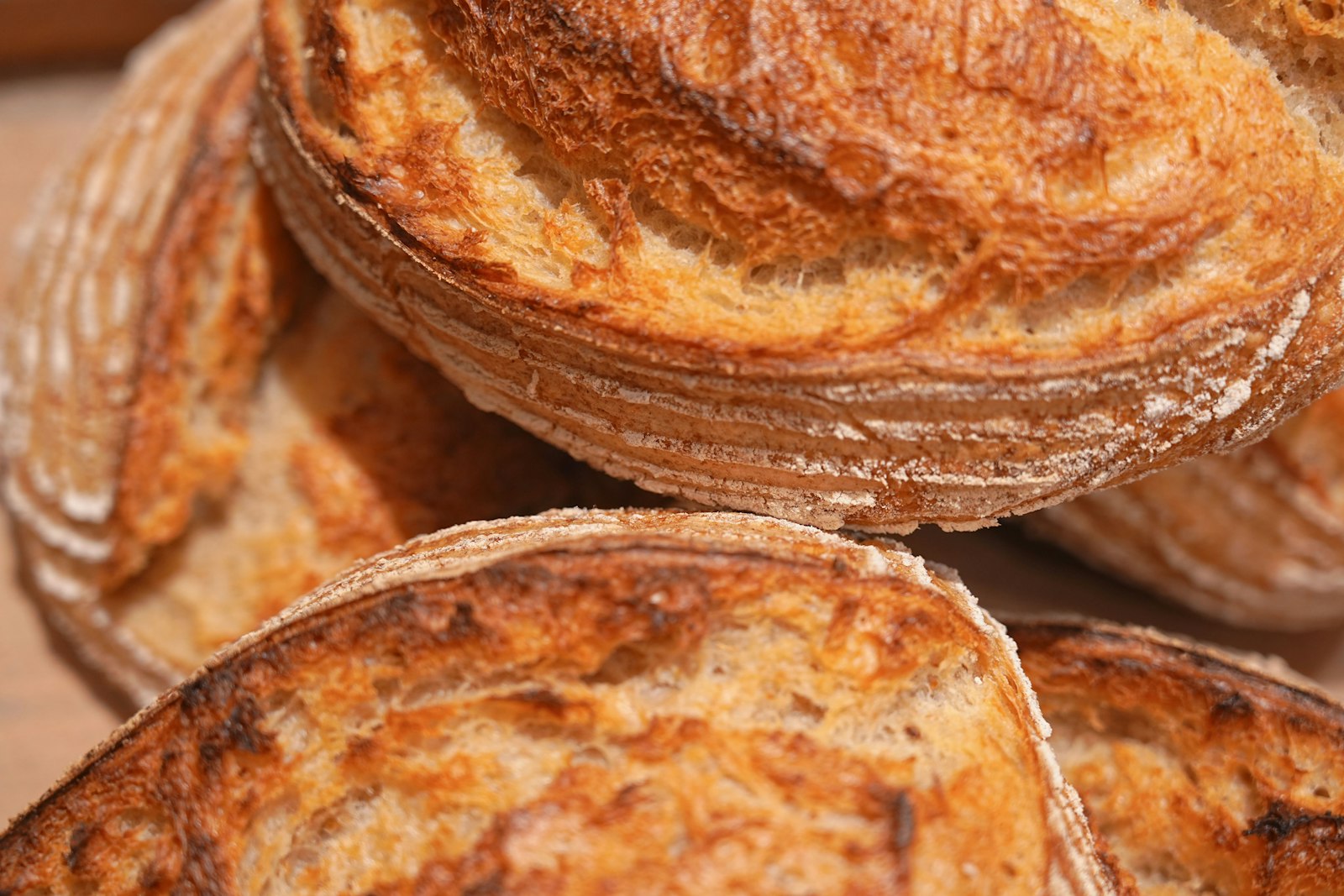A close-up of a golden country sourdough crust