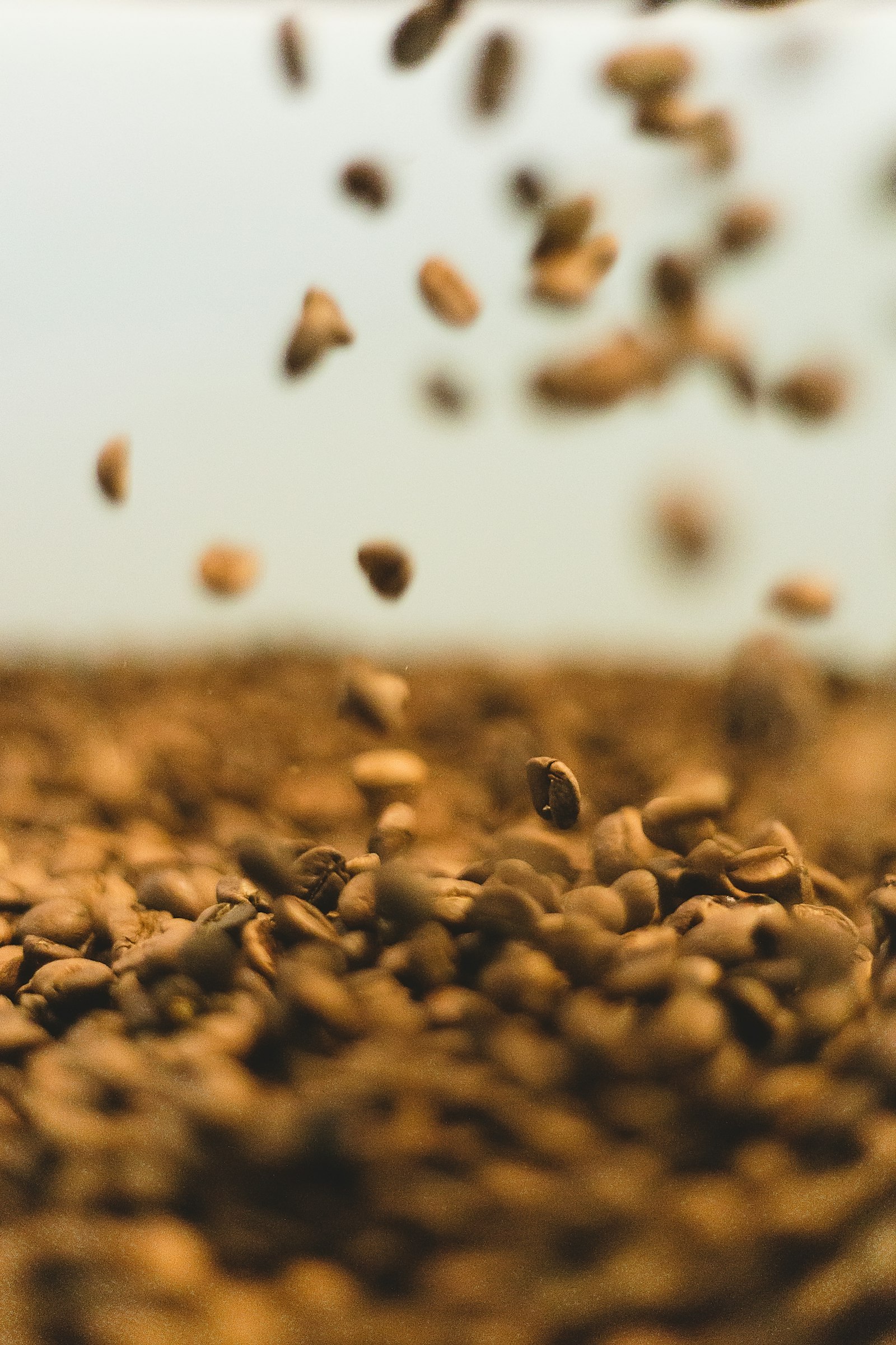 Whole coffee beans mid-fall in a close-up macro shot