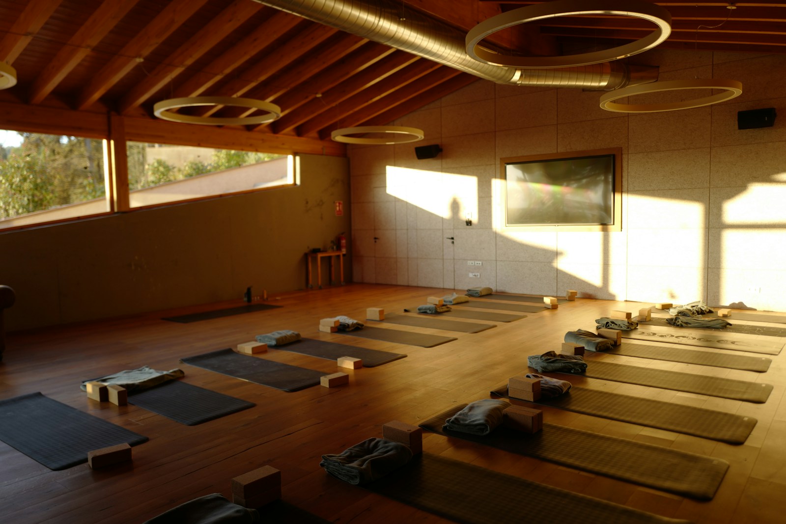 Large quiet studio with rows of yoga mats laid out before class