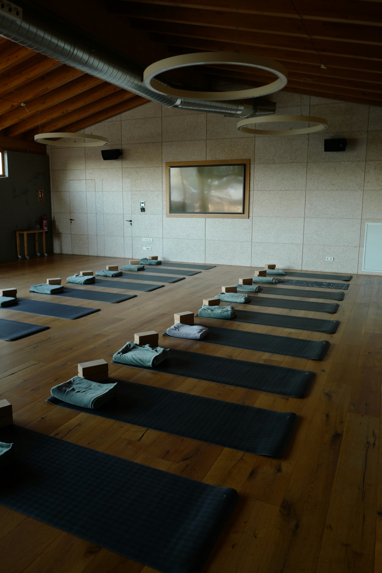 Empty practice room with yoga mats arranged across a wide wooden floor and natural side light