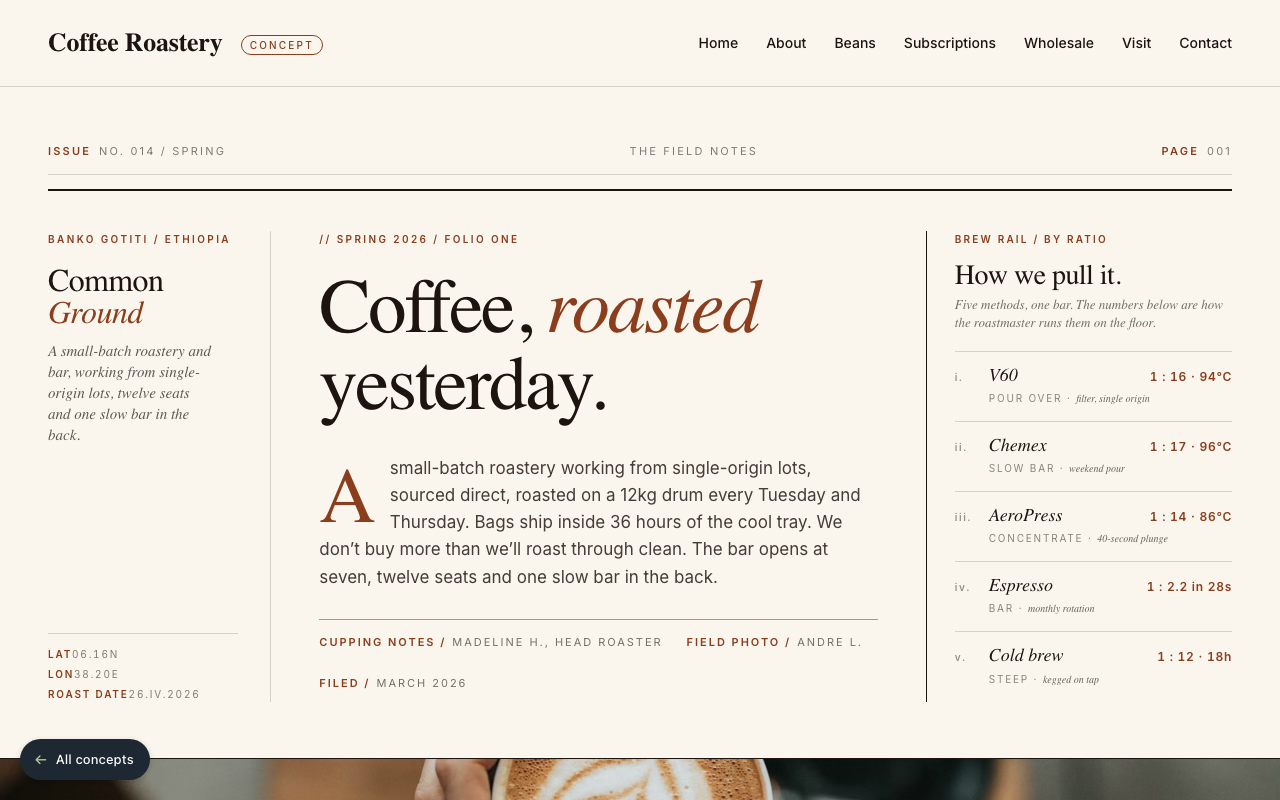 Concept site preview - Independent coffee roastery