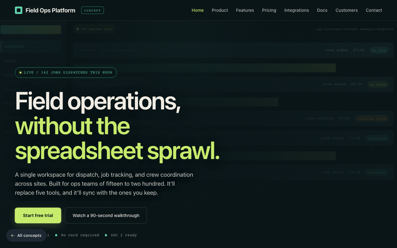 Concept site preview - Field ops SaaS platform