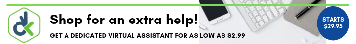 Promotional banner that reads: "Shop for an extra help! Get a dedicated virtual assistant for as low as $2.99. A sticker-like graphic also reads Starts $29.95."