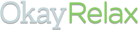 A wordmark-style logo of OkayRelax. While both the words have a subtle gray shadow, the former is colored silver-blue and the latter the brand-green.