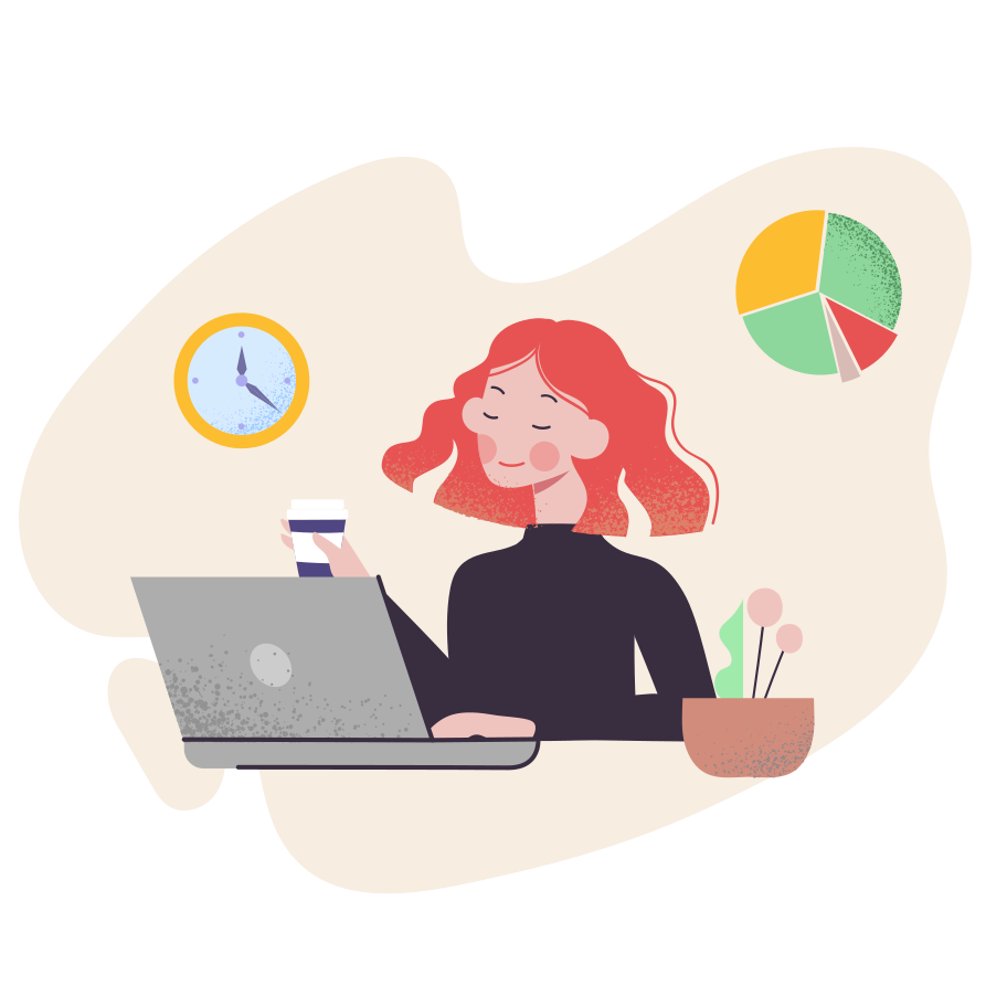 Digital illustration of a red-haired woman holding a coffee mug and working on her laptop. Presumably, she's analyzing some data.