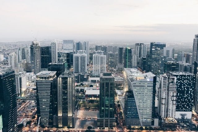A city skyline at noon.