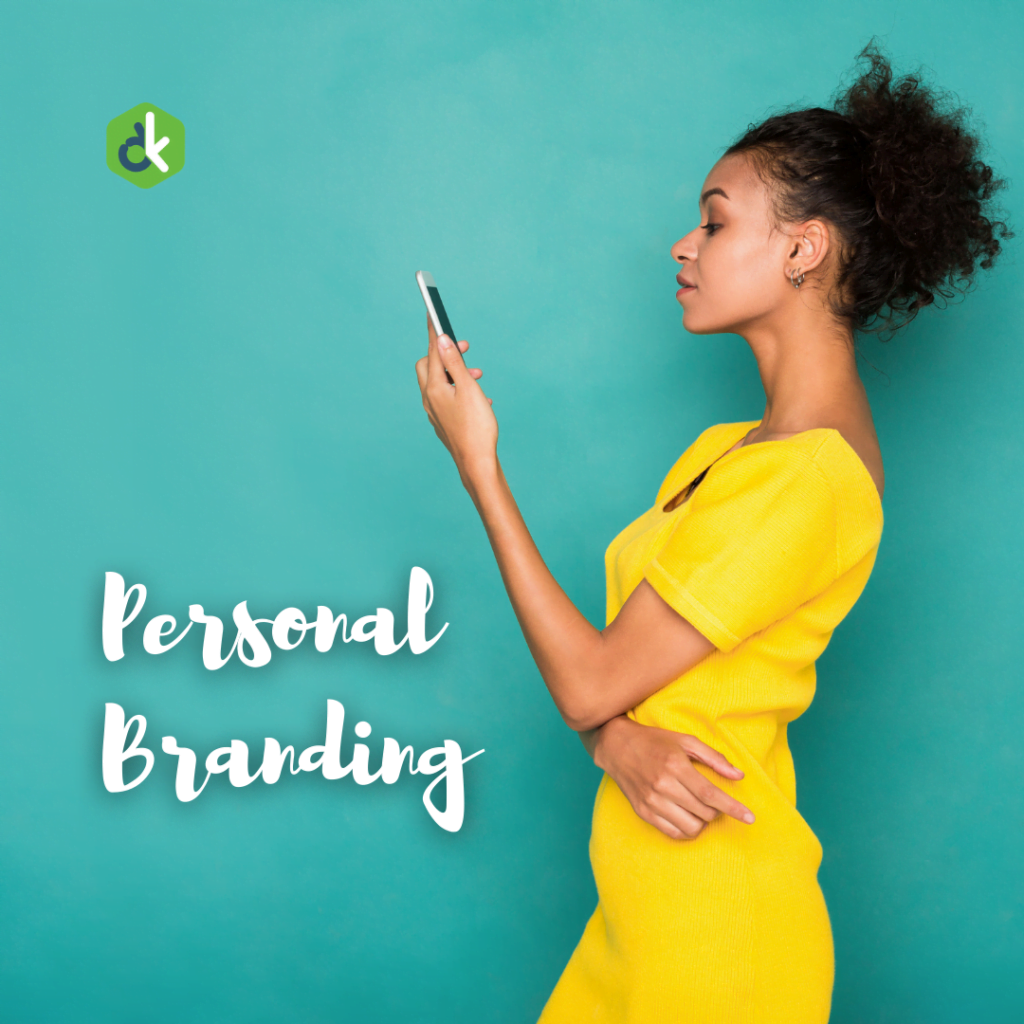 A decorative image that reads "Personal Branding." Shows a woman in a yellow dress working on her phone.