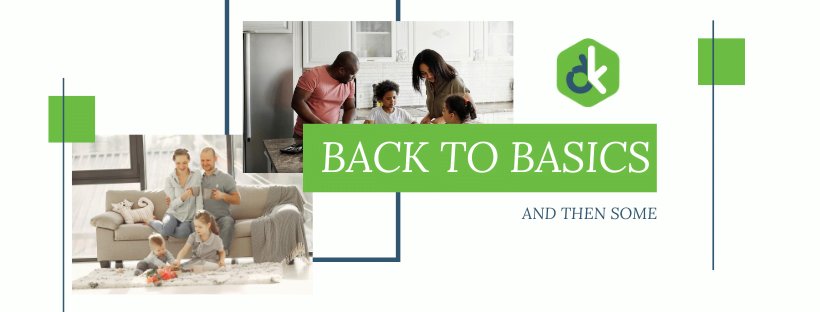 2 pictures of families gathered and spending time together; the blog title is layered over and reads, "Back to Basics, And Then Some".