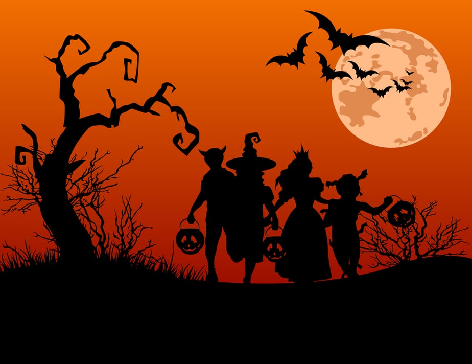 A decorative image in orange and black accents for Halloween. Some bats an a full moon are visible.
