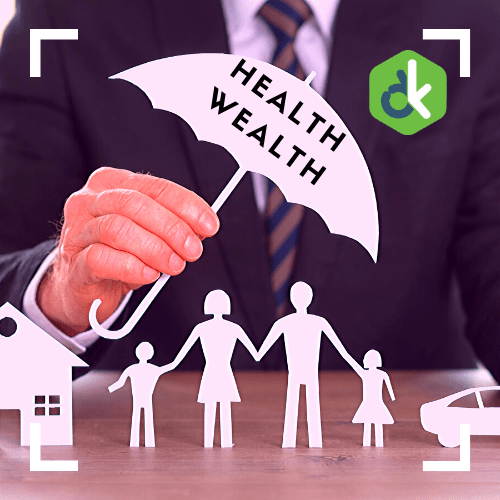 A figurative "health-wealth" umbrella protecting a family.