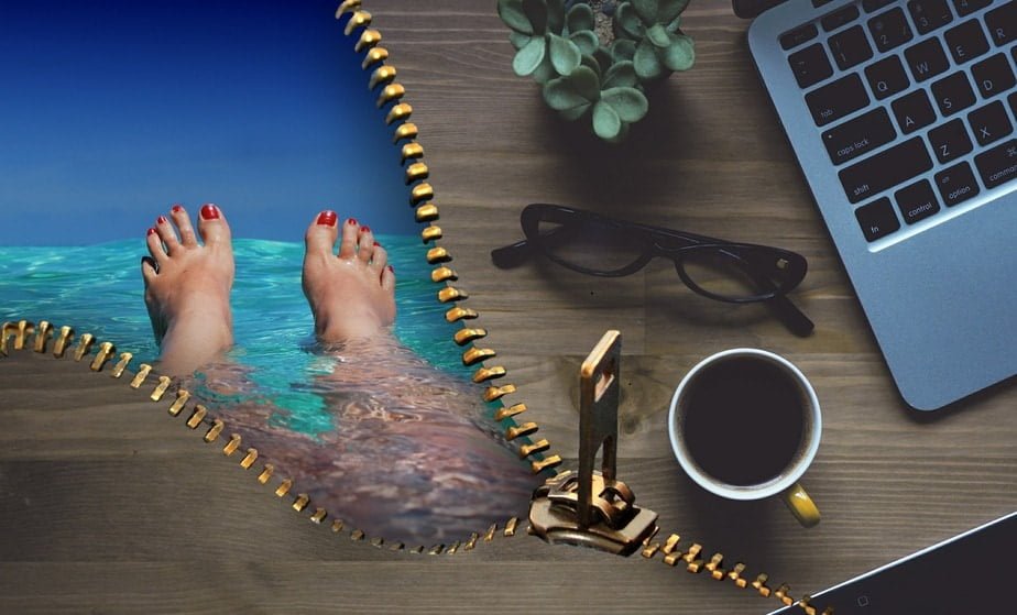 A morphed image of office life being unzipped to open to a life of relaxation!