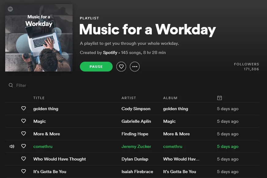 Music for a Workday A cropped screenshot from the Spotify website, showing the playlist titled 'Music for a Workday'. It has been created officially by Spotify. Description reads: "A playlist to get you through your whole workday."The playlist has about 171,000 followers. It includes 145 songs, stretching 8 hours and 28 minutes.