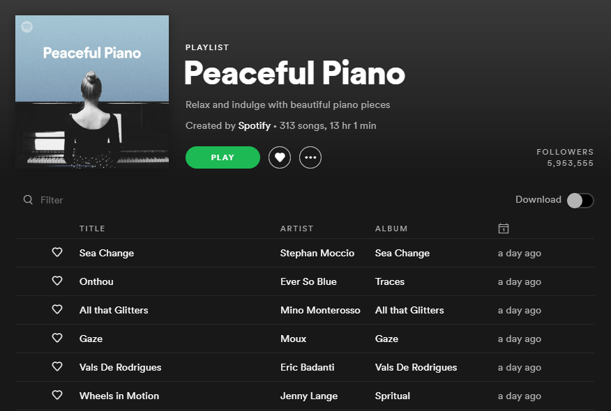 A cropped screenshot from the Spotify website, showing the playlist titled 'Peaceful Piano'. It has been created officially by Spotify.

Artists include: Stephan Moccia, Ever So Blue, Mino Monterosso, Moux, Eric Badanti, and Jenny Lange among others.
