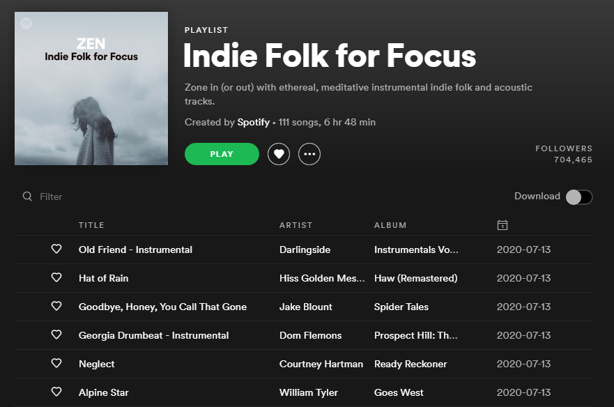 A cropped screenshot from the Spotify website, showing the playlist titled 'Indie Folk for Focus'. It has been created officially by Spotify.

Artists include: Darlingside, Jake Blount, Dom Flemons, Courtnet Hartman, and William Tyler among others.