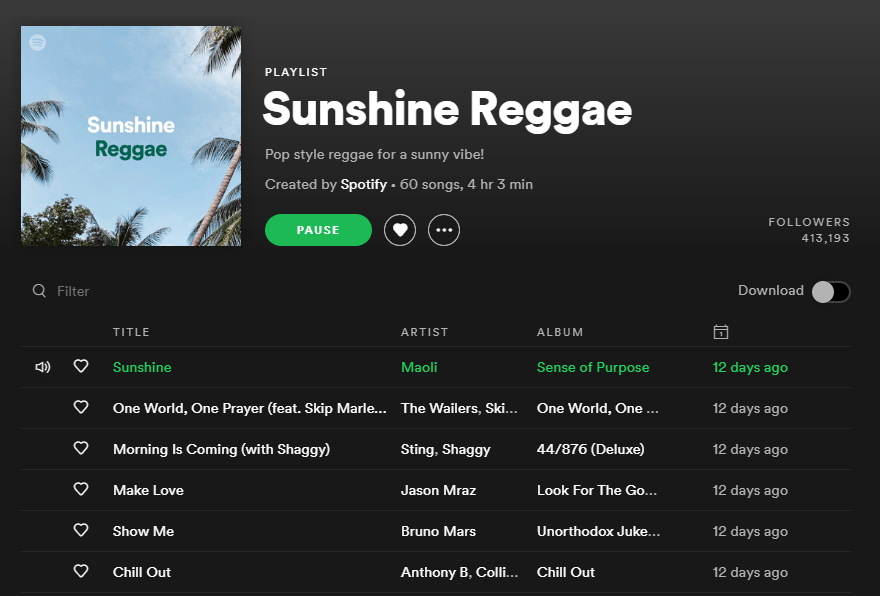 A cropped screenshot from the Spotify website, showing the playlist titled 'Sunshine Reggae'. It has been created officially by Spotify.

Artists include: Maoli, Sting, Jason Mraz, Bruno Mars, and Anthony B among others.