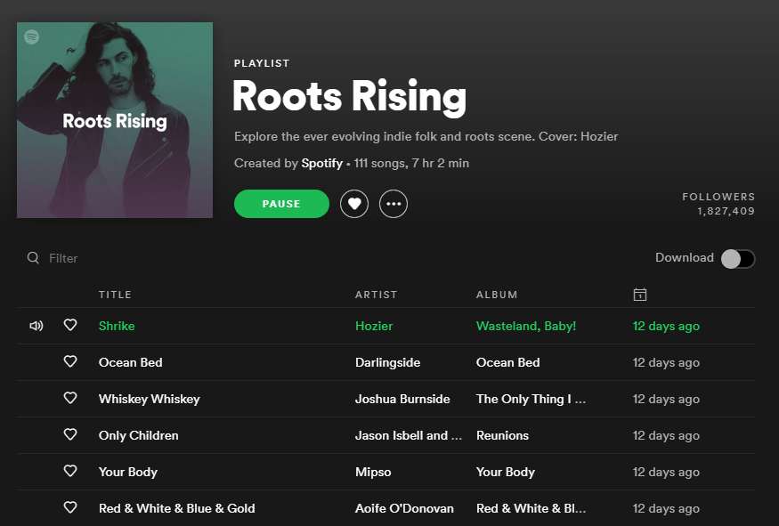 Roots Rising A cropped screenshot from the Spotify website, showing the playlist titled 'Roots Rising'. It has been created officially by Spotify.Artists include: Hozier, Darlingside, Mipso, Jason Isbell, and Joshua Burnside among others.