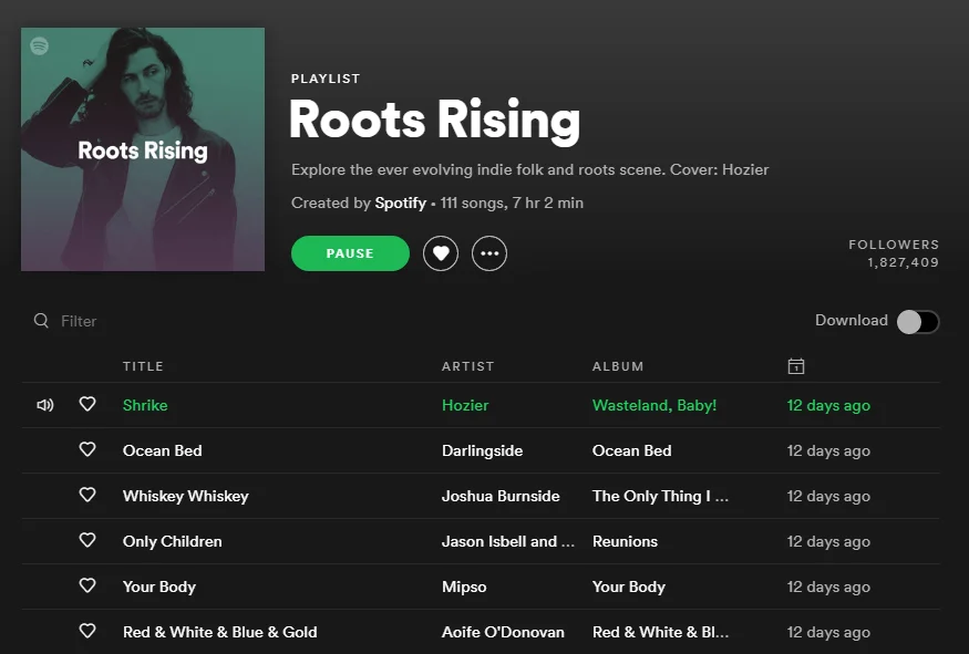 Roots Rising A cropped screenshot from the Spotify website, showing the playlist titled 'Roots Rising'. It has been created officially by Spotify.Artists include: Hozier, Darlingside, Mipso, Jason Isbell, and Joshua Burnside among others.