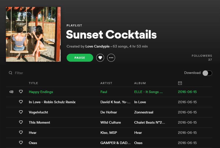 A cropped screenshot from the Spotify website, showing the playlist titled 'sunset Cocktails'.

Artists include: Faul, De Hofnar, Wild Culture, Kiso, MSP, etc.