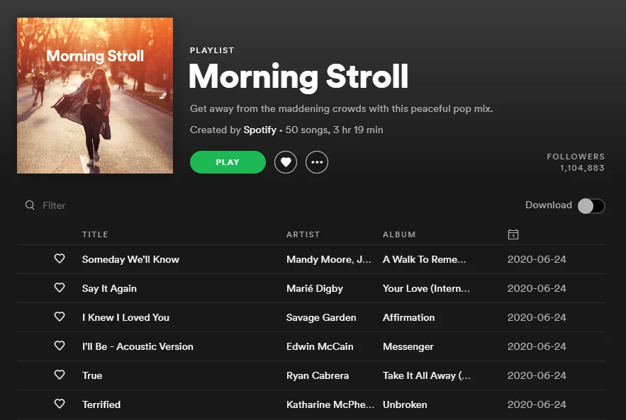Morning Stroll A cropped screenshot from the Spotify website, showing the playlist titled 'Morning Stroll'.Artists include: Mandy Moore, Edwin McCain, Ryan Cabrera, Savage Garden and more.