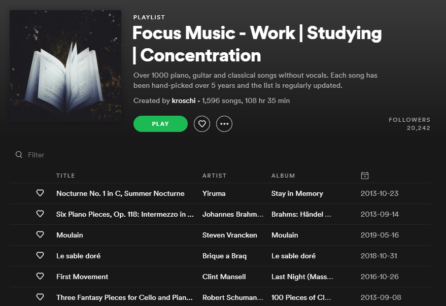 A cropped screenshot from the Spotify website, showing the playlist titled 'Focus Music - Work | Studying | Concentration'. It has been created by a Spotify user 'kroschi'. Description reads: "Over 1000 piano, guitar and classical songs without vocals. Each song has been hand-picked over 5 years and the list is regularly updated."

The playlist has about 20,000 followers. It includes 1596 songs, stretching 108 hours and 35 minutes.