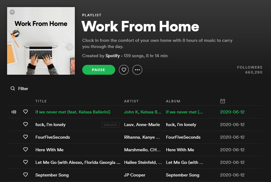 A cropped screenshot from the Spotify website, showing the playlist titled 'Work From Home'. It has been created officially by Spotify.

The playlist has about 660,000 followers, and a cover of a top-down view of a person working on their laptop.

Includes 139 songs, stretching 8 hours and 14 minutes.

Description reads: "Clock in from the comfort of your own home with 8 hours of music to carry you through the day."
