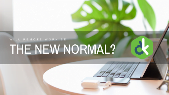 A desk with a laptop and phone, and an indoor plant in the background. The blog title is lightly layered overed and reads, "Will Remote Work Be The New Normal?"