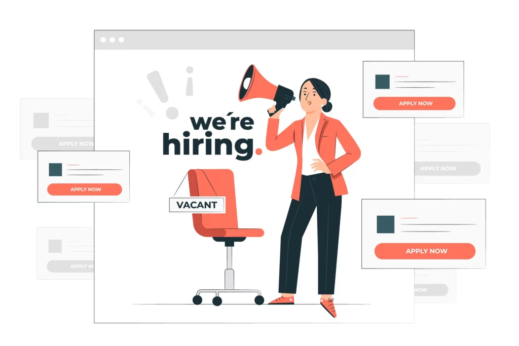 Digital illustration of a talent acquisition team announcing job vacancies.