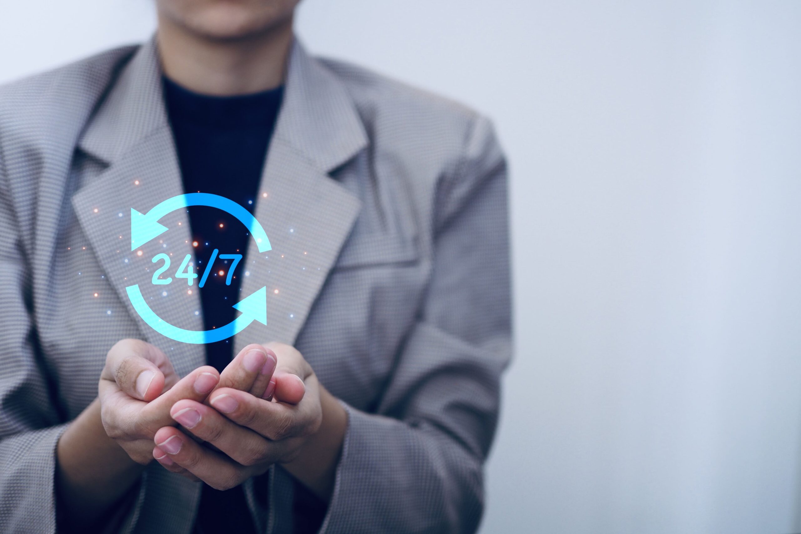 247 virtual assistant service businessman holding virtual icon