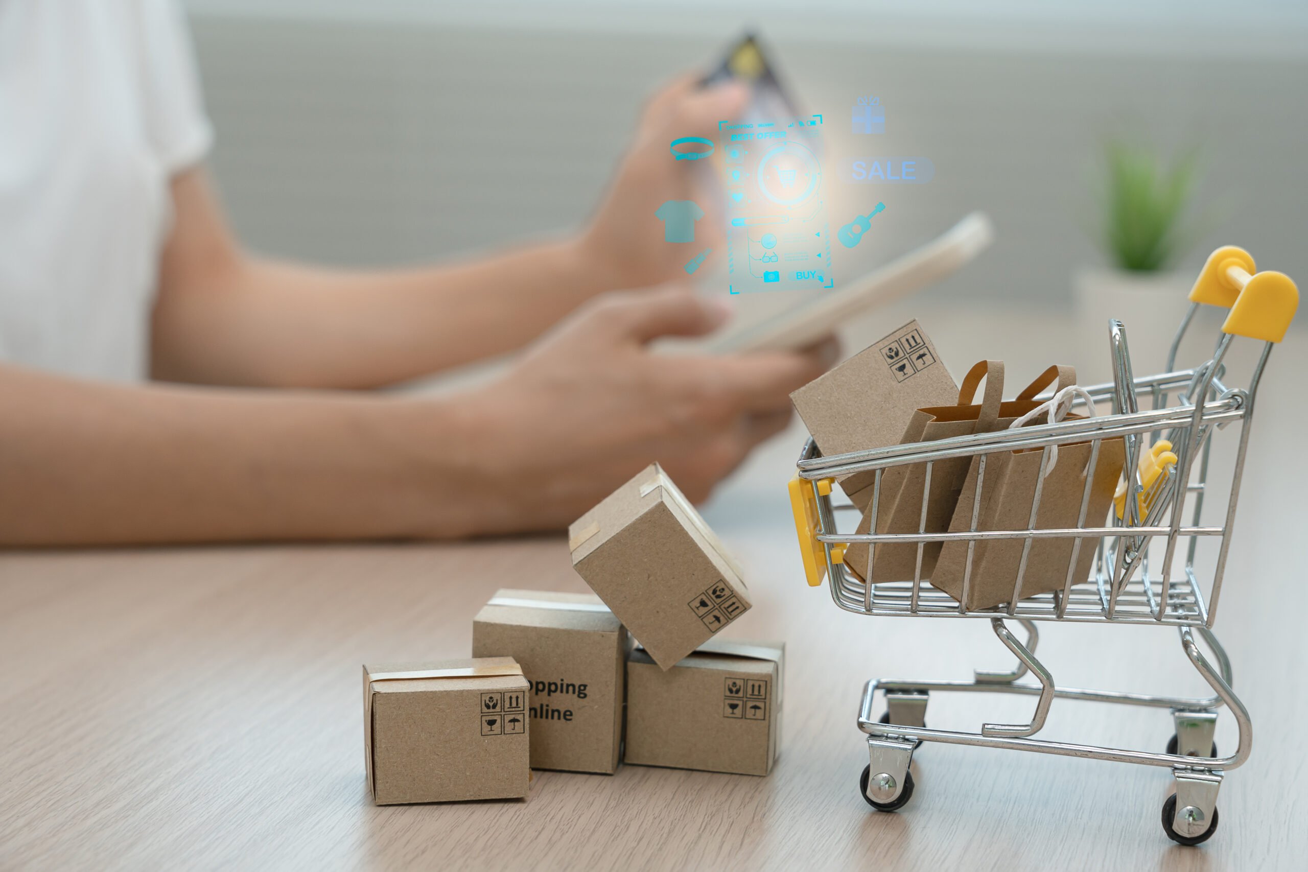 Online shopping-boxes or parcels are placed on the table