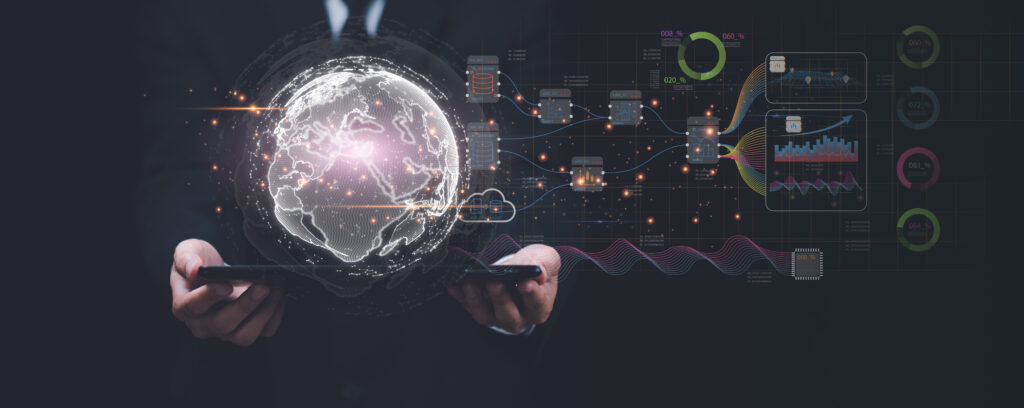 man holding tablet, world global network