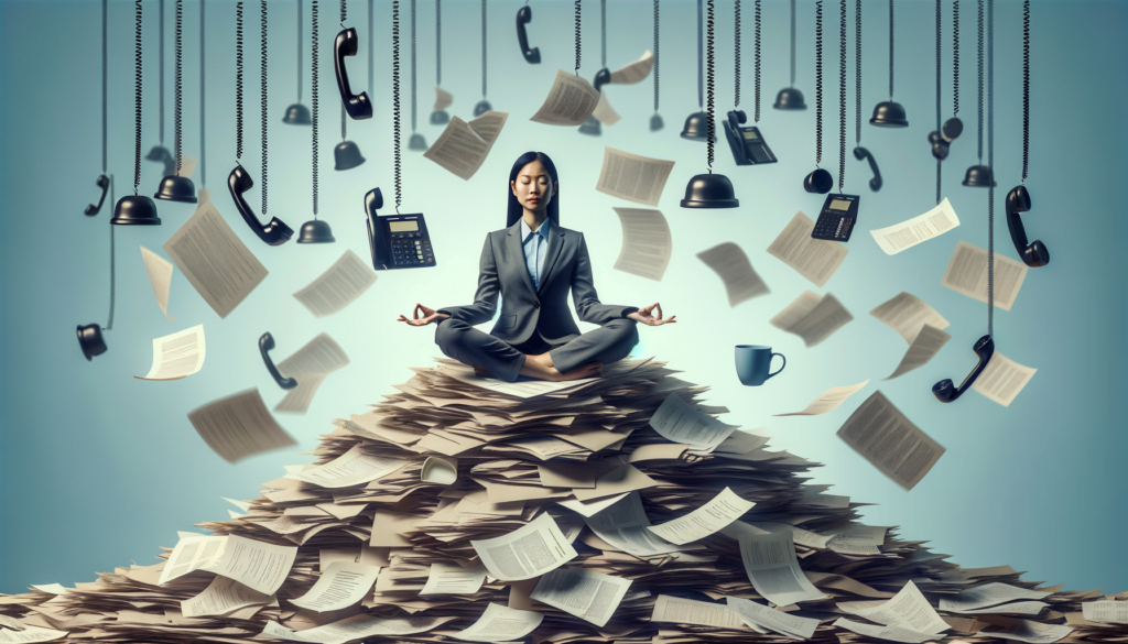 Business woman meditating on a pile of documents